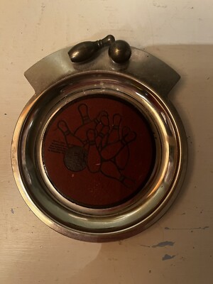Vintage Coin Trinket Tray Bowling Pin Ball. Stainless Metal Coaster Mid Century