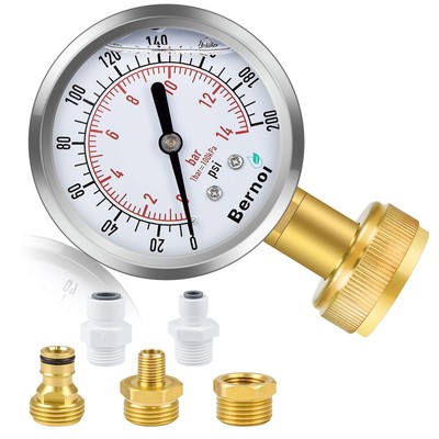 Bernoi Water Pressure Gauge Kit Glycerin Filled Test with Lead-Free Brass Hos...