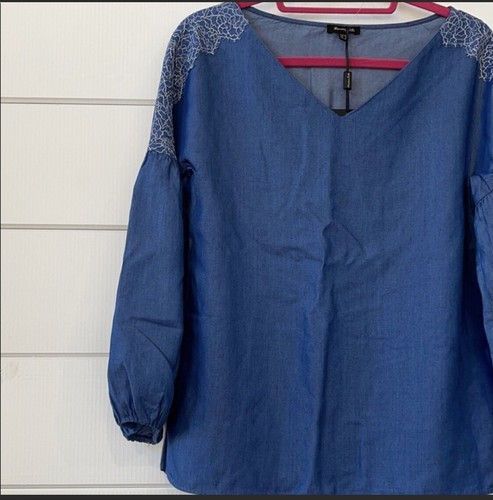 Massimo Dutti Embroidered Chambray Peasant Top NWT Size 4 - Picture 4 of 12