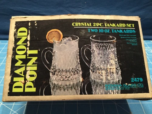 2 VTg  Crystal  Indiana Glass Tankard  Mugs Diamond Point Pattern NIB Clear USA