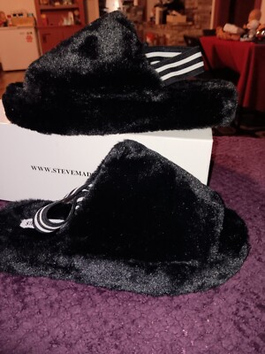 Steve Madden Softy Fuzzy Faux Fur Women Slides With Straps Black, Size 10 