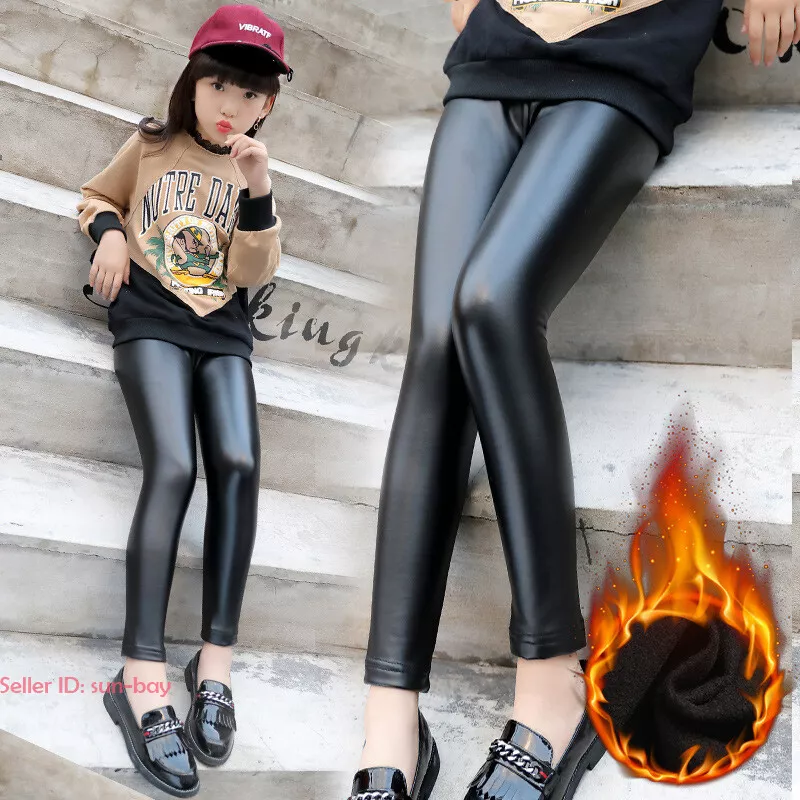 Kids Winter Warm Leggings Stretch Girls Faux Leather Fleece Pants Thick  Trousers