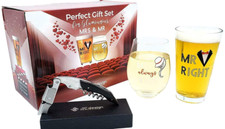 Mr  Mrs Right Couple Gift Set Stemless Wine Glasses Beer Professional Corkscrew