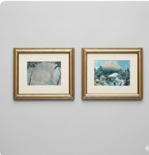 Vintage Dufex Foil Prints Pair - Japanese Pagoda & Mt Fuji Framed Foil Art 1970s