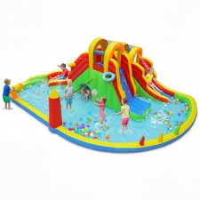 Inflatable Water Slide Park w/2 Long Slides, Climbing Walls, Splash Pool, Tunnel