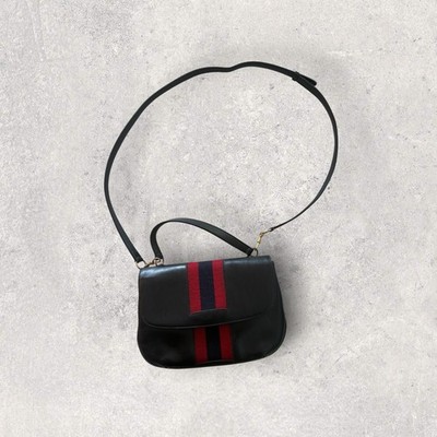 RARE Vintage Gucci 1970s Black Leather Web Stripe Crossbody