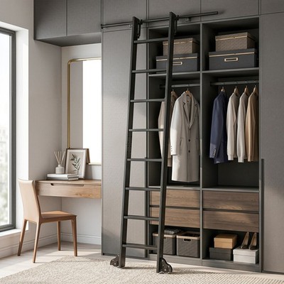 96'' Sliding Library Ladder w/4FT Hook Track Rolling Ladder with Braking Wheels