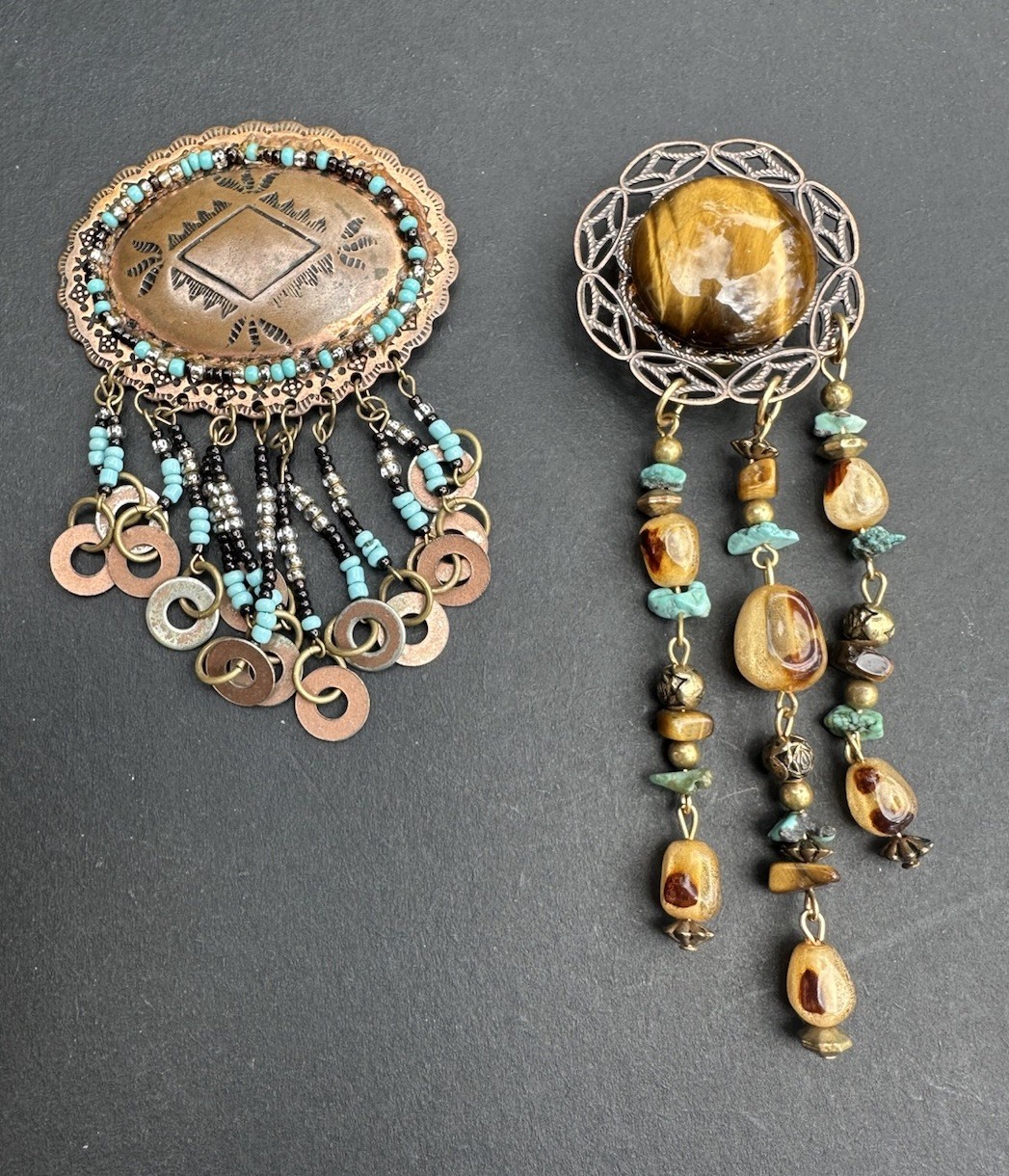 Two Button Covers Oval Copper Dangling Beads & Ro… - image 1