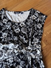 Lands' End Sz M 10/12 Cap Sleeve Twist Front Stretch Dress-Black/White Floral Pr
