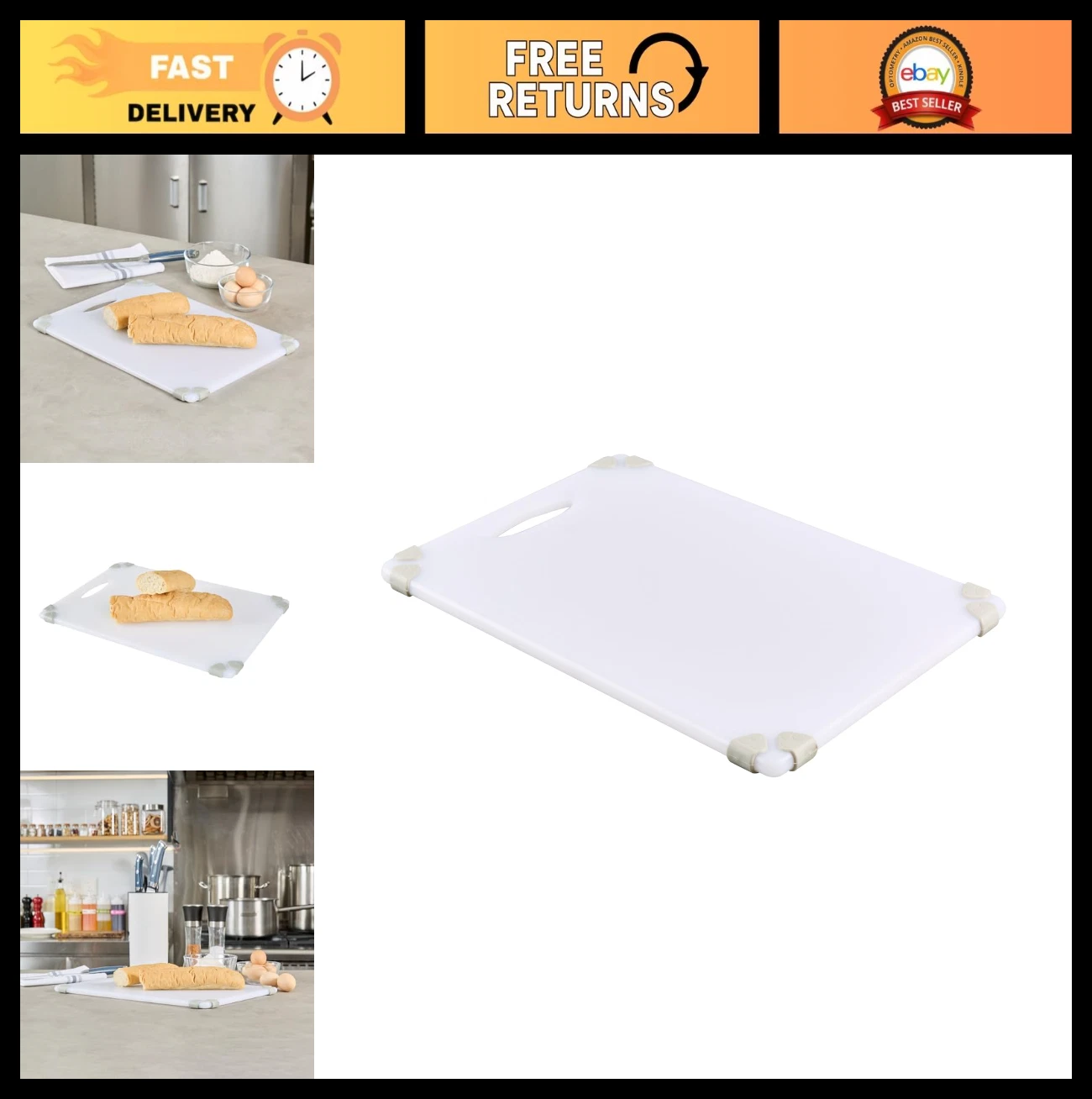 Durable 12" x 18" White Plastic Cutting Board with Rubber Grips - HACCP Color-Co