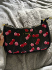 Black Faux Leather Cherry Print Zip Small Crossbody Bag Strap