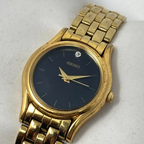 Vtg Seiko Watch Women 24mm V401-1609 Gold Tone Black Dial New Battery SMALL 6"