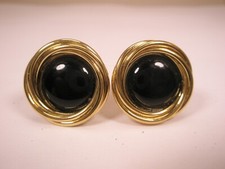 11/16" Round Black Stone Cabochon  Gold Tone Vintage Cuff Links