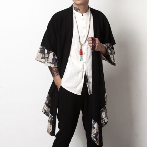 Japanese Kimono Cardigan Men Male Samurai Costume Clothing Kimono Jacket - Picture 3 of 26
