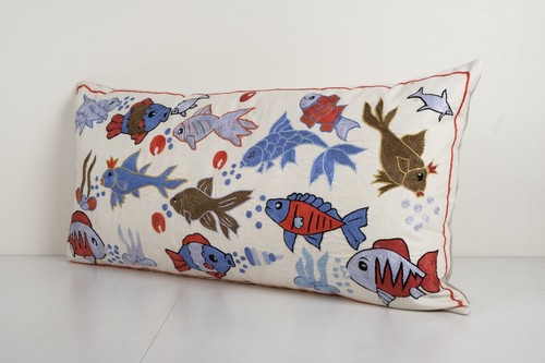 Fish Pattern Uzbek Extra Long Suzani Bed Cushion Cover with Animal Motif - Picture 3 of 4