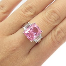 925 Sterling Silver Radiant-Cut Pink  White C Z Ring Size 8