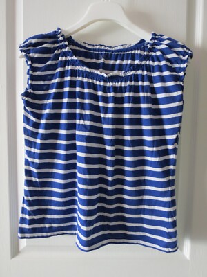 PBX Basics Cotton Blue Striped Cap Sleeve Round Neck T-Shirt w/ Ruffle Decor M