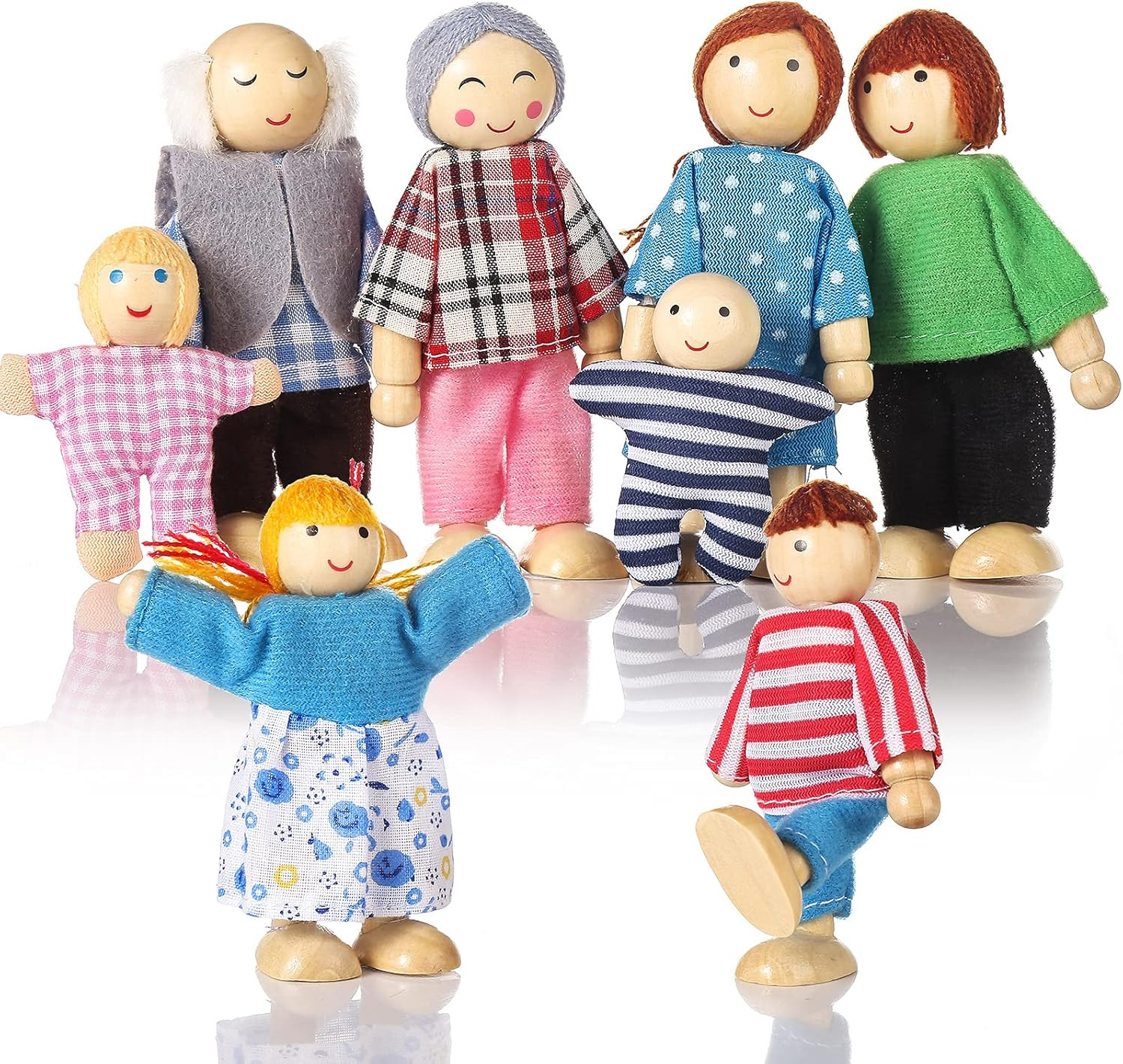 Dolls House People Family of 8 Wooden Figure Set, Small Wooden Dolls Toys for Ch
