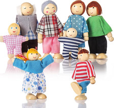 Dolls House People Family of 8 Wooden Figure Set, Small Wooden Dolls Toys for Ch