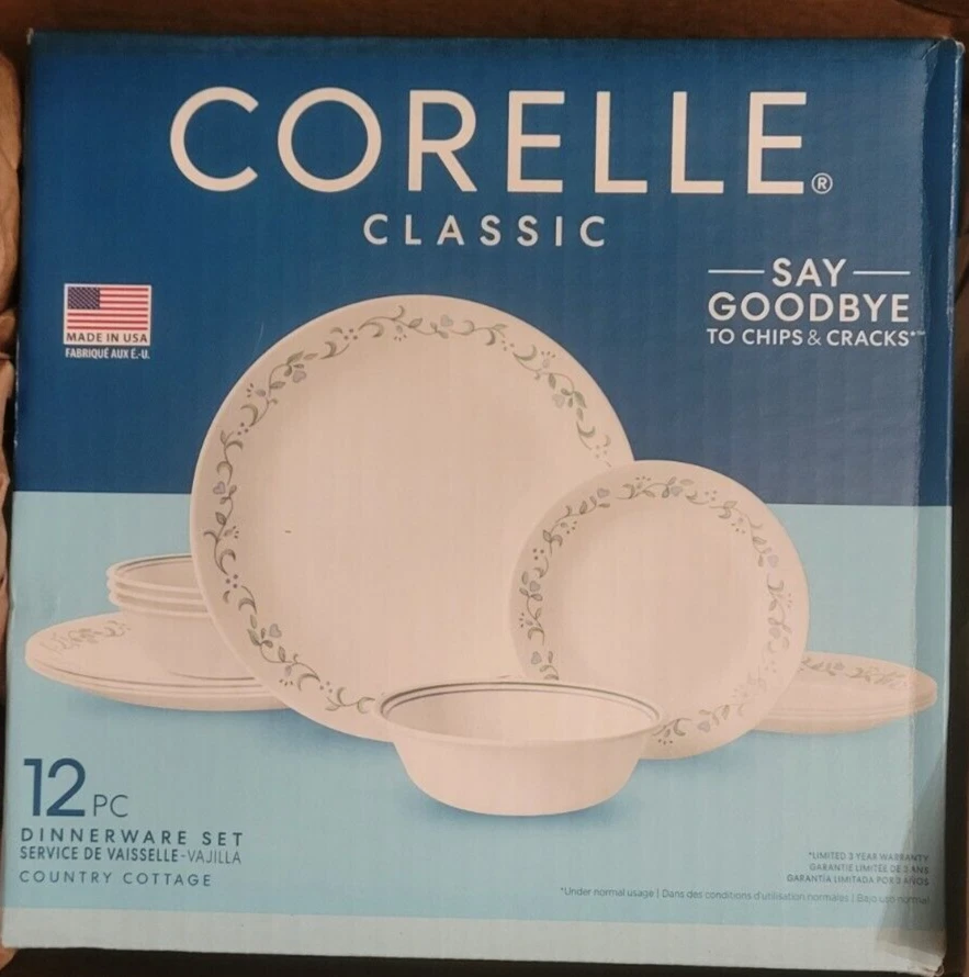 Corelle Country Cottage Dinnerware SET 12 Pieces- Setting for 4 White Green Blue - Image 4 of 4