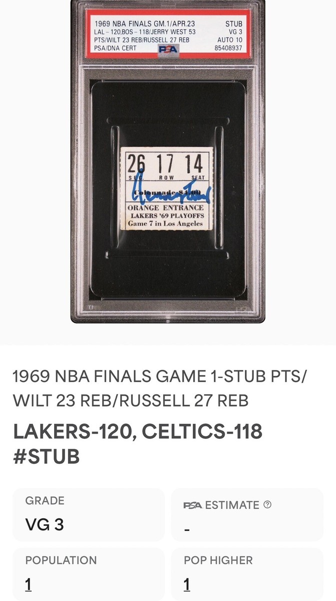 1969 NBA FINALS GAME 1 JERRY WEST SIGNED 53PT TICKET LAKERS/CELTIC
