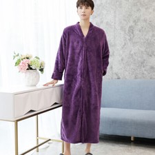 Herren Bademantel Pyjama Nachtwäsche Flanell Koralle Fleece Langärmelig Violett