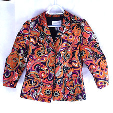 Victor Costa VTG Ruffled Mod Bold Bead Cap Sleeve Orange Button up Jacket SZ 12