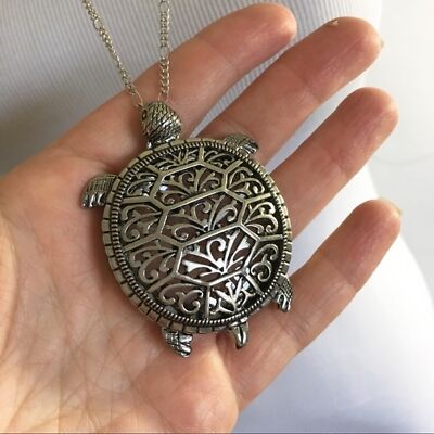 Baby Turtle Necklace Magnifying Glass 30in Silver Tone Sea Creature Beach