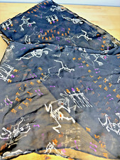 VINTAGE HAPPY HALLOWEEN SHEER BLACK FESTIVE FUN SKELETON FIGURAL SCARF 52 X 9".