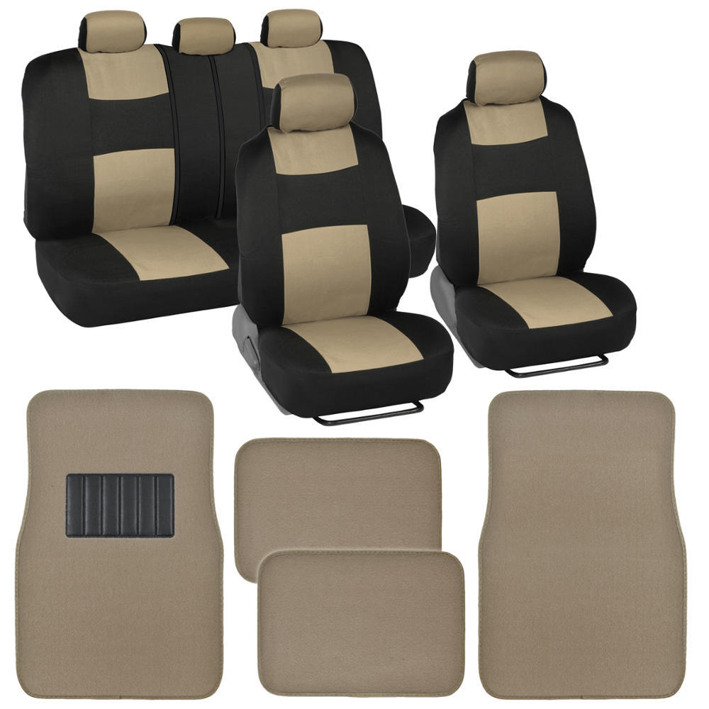 Universal Fit Beige Car Seat Cover Set with Front & Rear Floor Mats