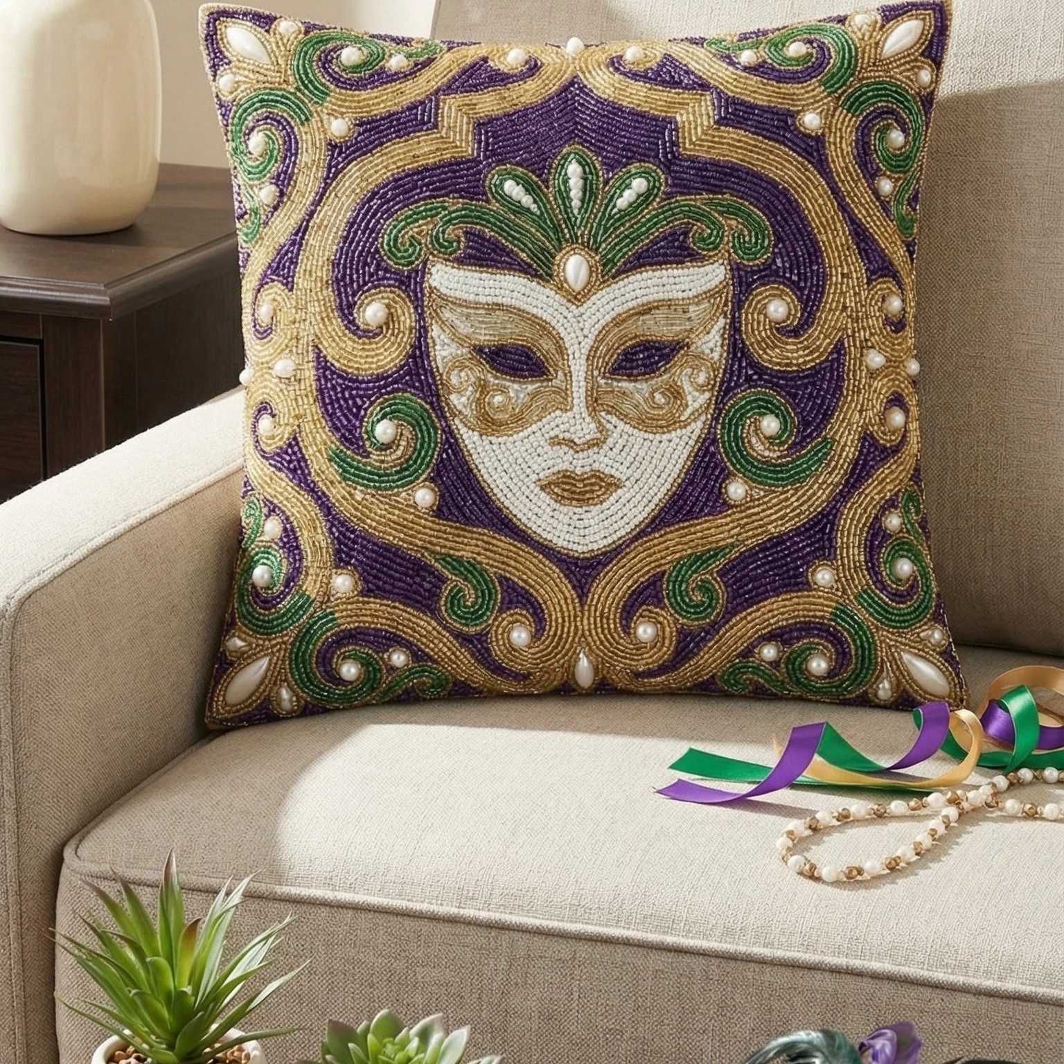 Mardi Gras Masquerade Beaded Throw Pillow Cover - 16x16, 18x18, 20x20 Inch
Opens in a new window or
