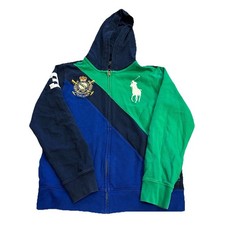 POLO RALPH LAUREN FULL ZIP HOODIE GREEN BLUE BIG PONY SWEATSHIRT SZ YOUTH L H10