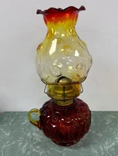 Vintage L E Smith Eagle Amberina Moon and Stars Cadmium Finger Oil Lamp