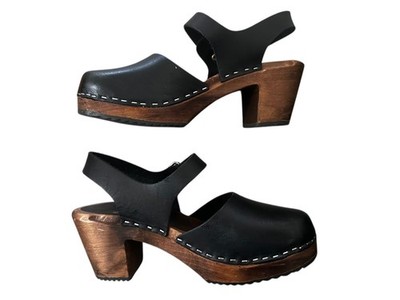 Lotta Stockholm Leather Mary Jane Clogs Women 39 8.5 Black Highwood Heels Preppy