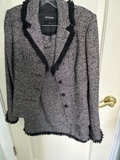 Jodi Vintage Herringbone Tweed Blazer and Skirt Suit Set with Fringe Trim