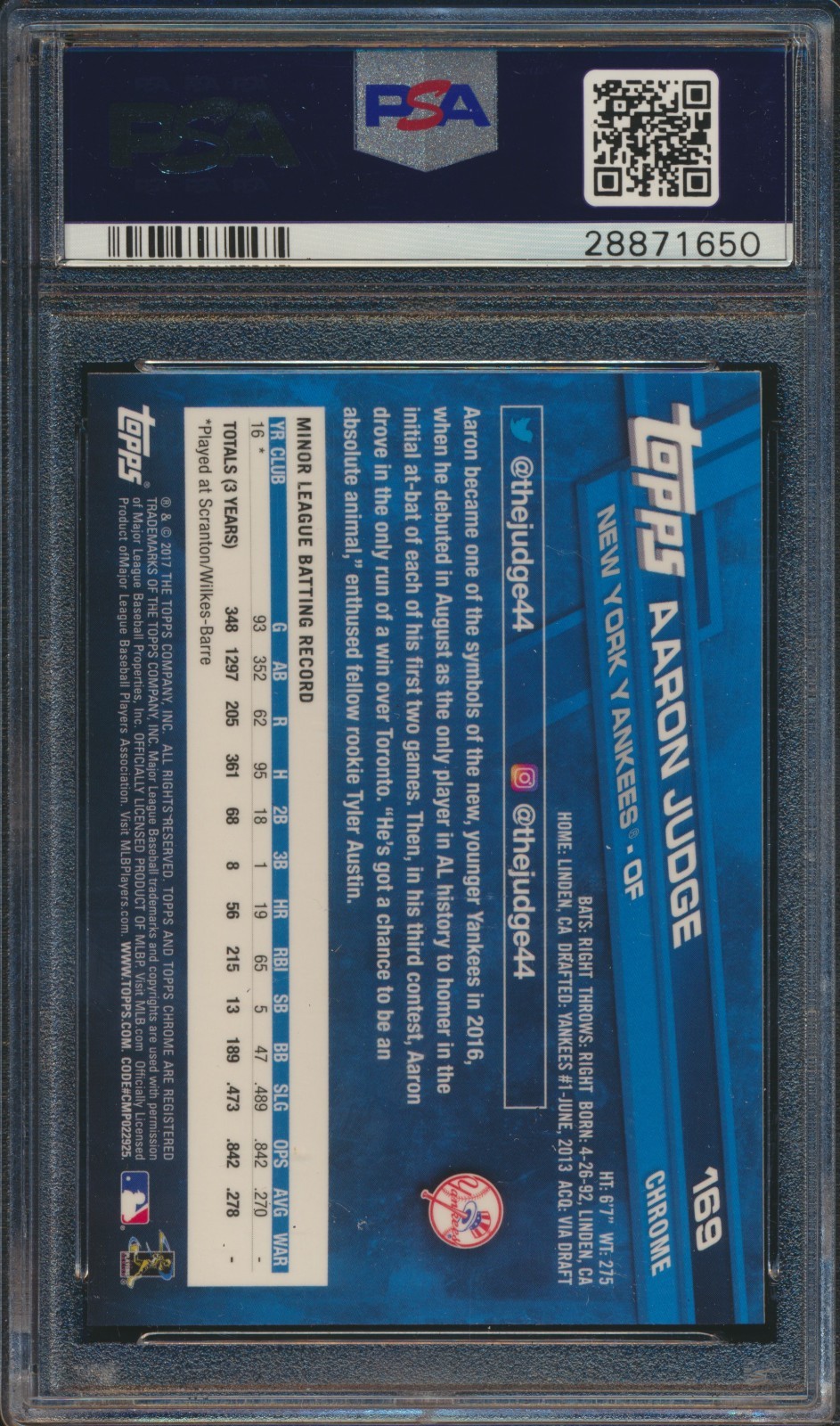 2017 Topps Chrome Aaron Judge #169 RC Rookie New York Yankees PSA 10 GEM MT view 2