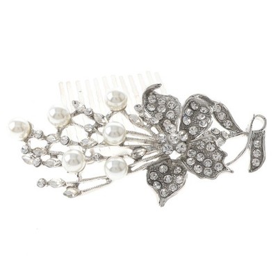 Silver Tone Metal Hair Comb With Clear Rhinestone HA3927-SWT