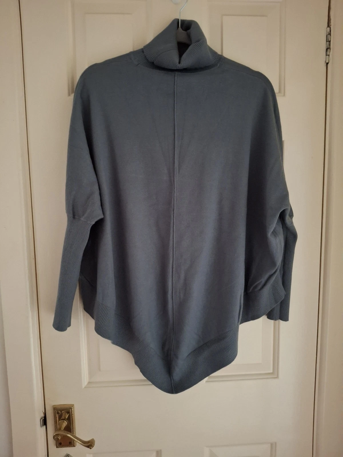 WynneLayers Soft Knit Ribbed Trim Sweater Poncho - Slate Blue Size M
