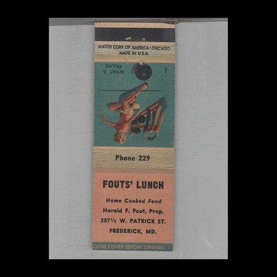 Matchbook Cover 1949 Pin Up Fout's Lunch Frederick, MD