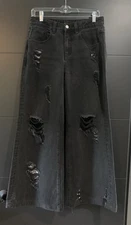 Current Mood Black Denim Wide Leg Baggy Jeans Distressed Y2K Streetwear Sz S