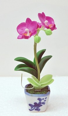 US Stock 4''H Handmade Air-Dry-Clay Dark Magenta Mini Phalaenopsis Orchid in Pot.