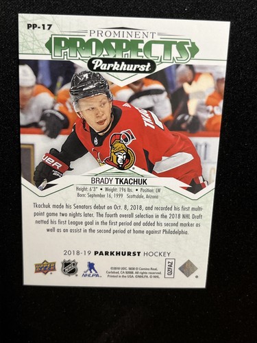 18-19 UD Parkhurst Hockey Green Parallel Prominent Prospects RC Brady Tkachuk - Picture 2 of 2