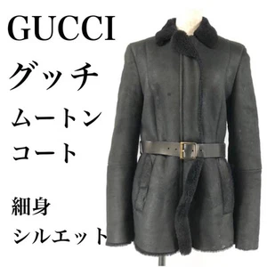 GUCCI Véritable Manteau en Fourrure Mouton avec Ceinture Femme Noir Veste en Peau de Mouton