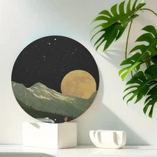 1pc Round Aluminum Metal Wall Art - Night Sky Landscape W/Stars,Moon & Mountain