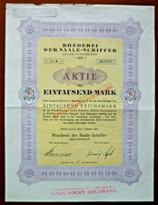 Rhederei der Saale-Schiffer AG, Halle/S. Na-Aktie 1000 M 1923 NICHT entwertet