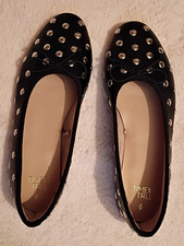 Women's 6 black slip-on ballet flats, metal studs, Time Tru brand, NEW/unworn