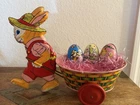 Vtg J. Chein Company Tin Litho Rabbit & Cart c1950's USA Pink Easter Basket
