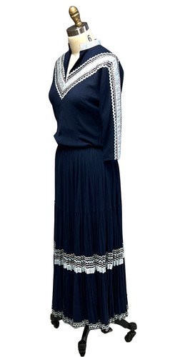 VTG 1950s Chiquita 2 piece Patio Dress Navy w Silver & Blue RickRack Sz M - Picture 4 of 7