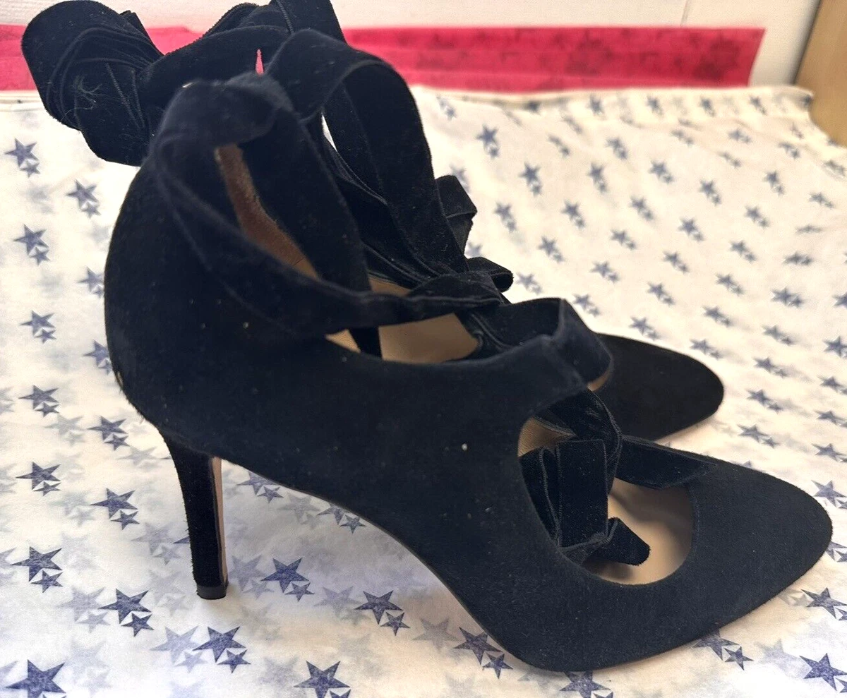 NEW LK Bennett UK4 black suede Mesha court shoes with velvet ribbon ankle ties