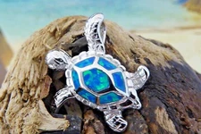 SEA TURTLE BLUE  OPAL SLIDE PENDANT SMALL STERLING SILVER  HIGH POLISHED 